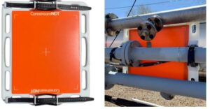 Carestream NDT's HPX non-glass DR panel, flat-panel against steel pipes for testing