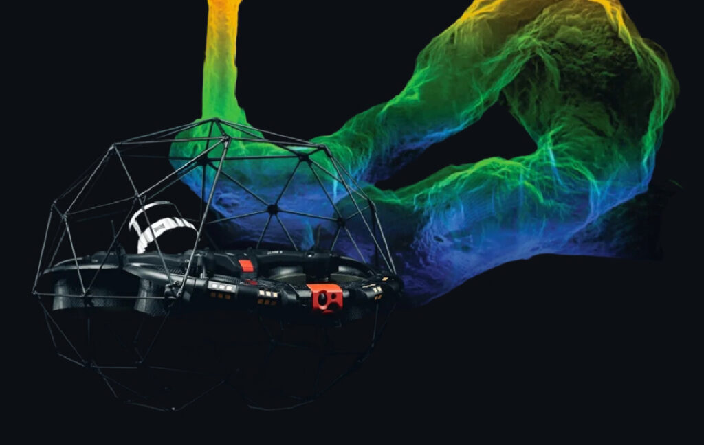 Elios 3 visual inspection drone alongside scan data for confined space inspection