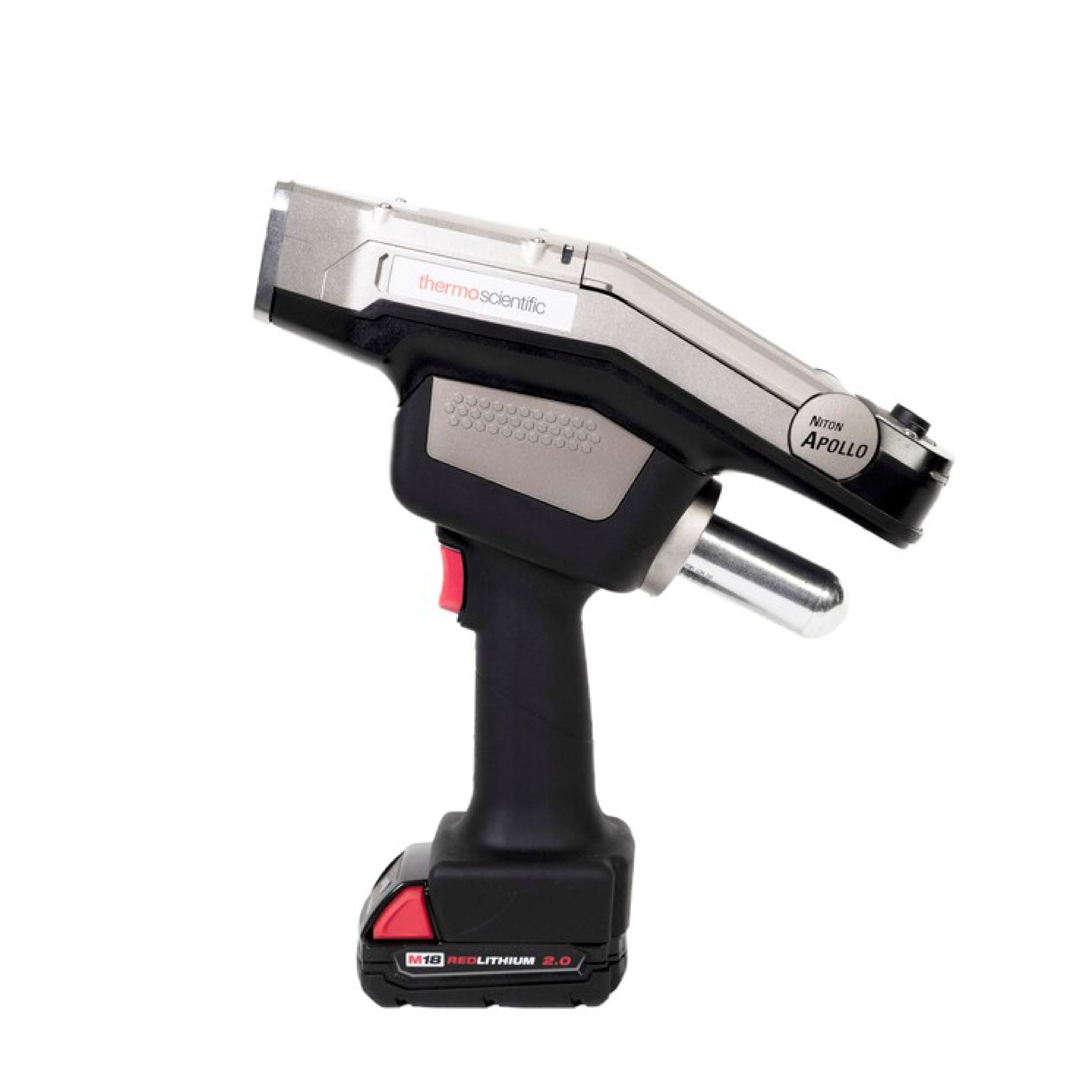 Side view of the Niton Apollo Handheld LIBS Analyzer Handheld XRF Analyzer in a technicians hand, on a white background