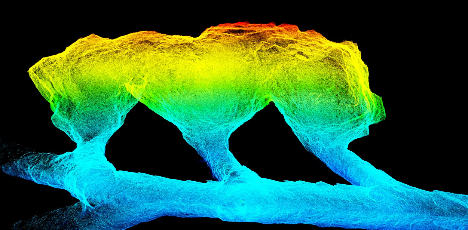 High-density LiDAR 3D point cloud scan showing the vertical profile of the triple stope